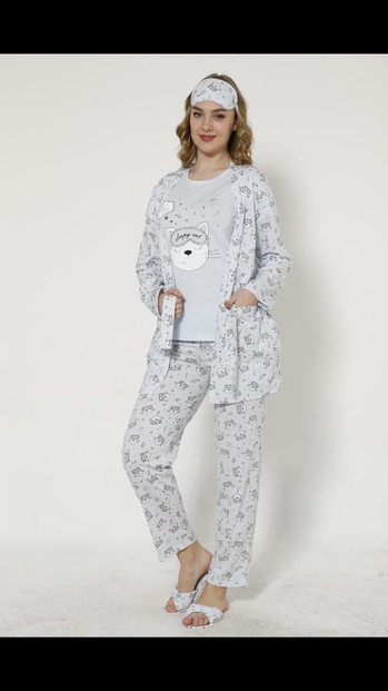 Mavi Sleepy Cat Desenli Sabahlıklı Pijama Takımı - 1