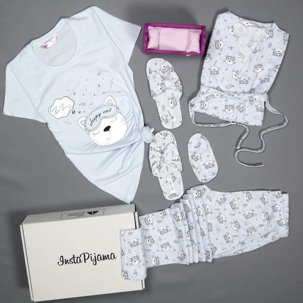 Mavi Sleepy Cat Desenli Sabahlıklı Pijama Takımı - 2