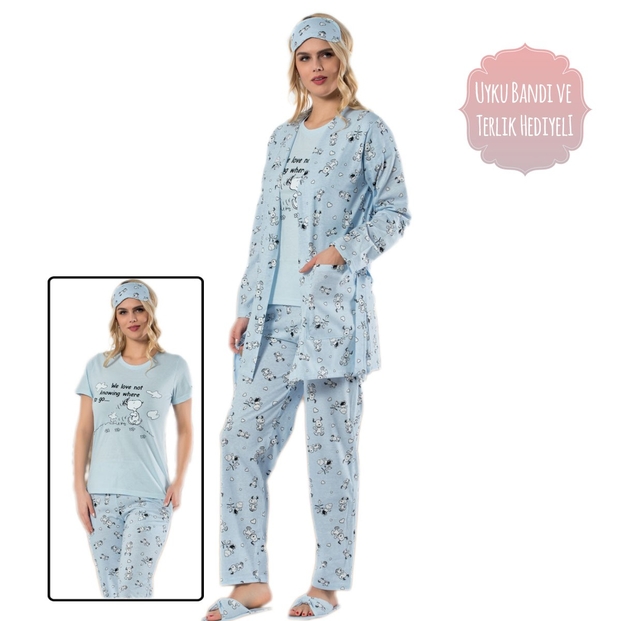 Mavi Snoopy Desenli Sabahlıklı Pijama Takımı - 2