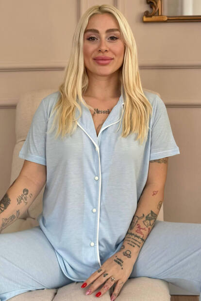 Mavi Sofistic Önden Düğmeli Kısa Kol Kadın Pijama Takımı - 1