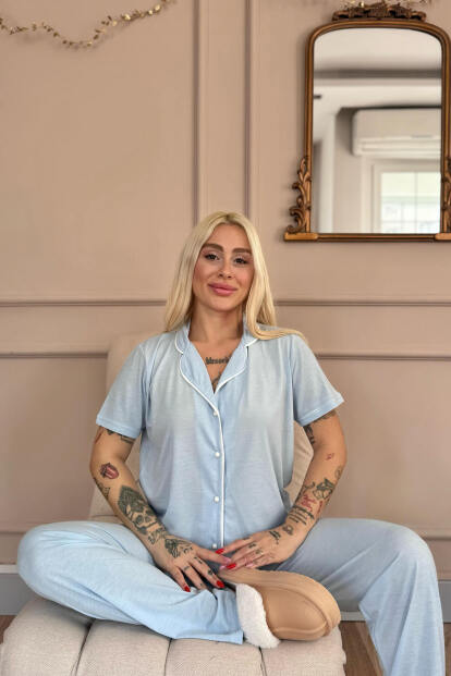 Mavi Sofistic Önden Düğmeli Kısa Kol Kadın Pijama Takımı - 2