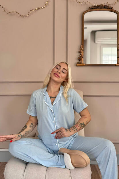 Mavi Sofistic Önden Düğmeli Kısa Kol Kadın Pijama Takımı - 4