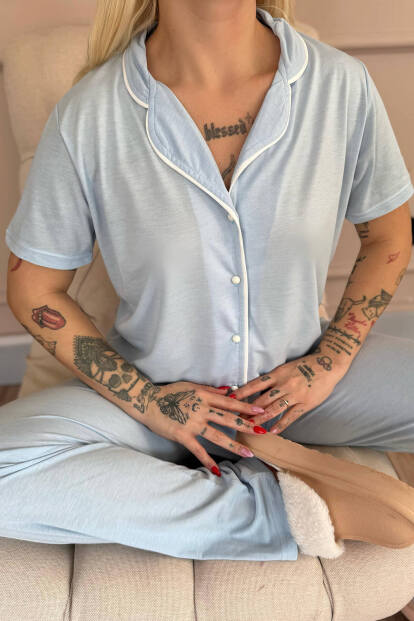 Mavi Sofistic Önden Düğmeli Kısa Kol Kadın Pijama Takımı - 5