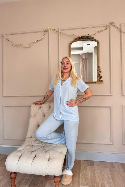Mavi Sofistic Önden Düğmeli Kısa Kol Kadın Pijama Takımı - 6