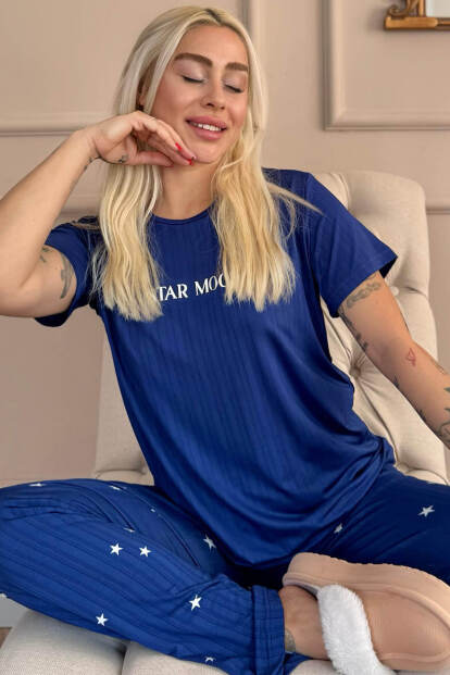 Mavi Star Mood Desenli Kısa Kollu Marlenka Kadın Pijama Takımı - Pijamaevi