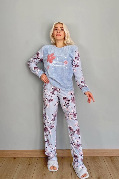 Mavi Yaprak Desenli Kadın Peluş Pijama Takımı - 4