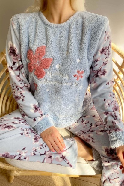 Mavi Yaprak Desenli Kadın Peluş Pijama Takımı - 5