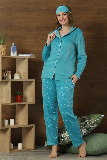 Mavi Yıldız Desenli Kadın Önden Düğmeli Yumoş Peluş Pijama Takımı - 1
