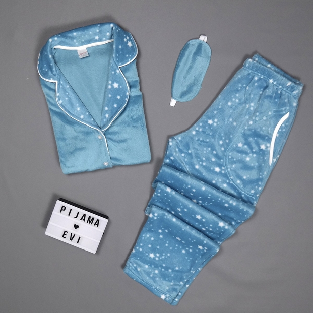 Mavi Yıldız Desenli Kadın Önden Düğmeli Yumoş Peluş Pijama Takımı - 2