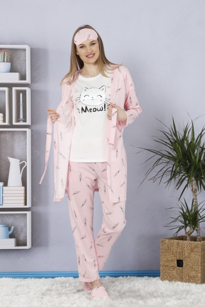 Meow Desenli Sabahlıklı Pijama Takımı - 1