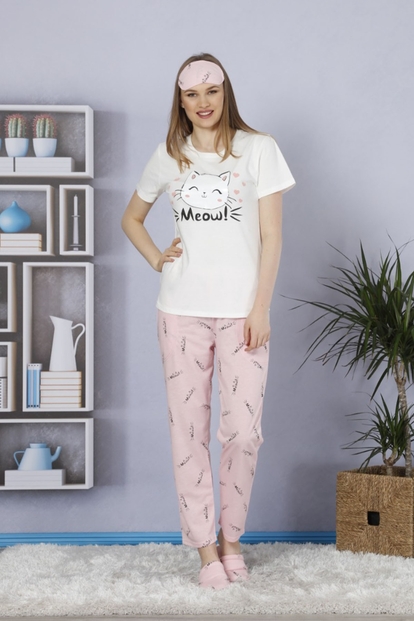 Meow Desenli Sabahlıklı Pijama Takımı - 2