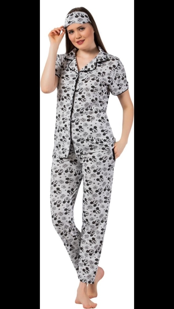 Mickey Mouse Desenli Önden Düğmeli Kısa Kollu Pijama Takımı - 1
