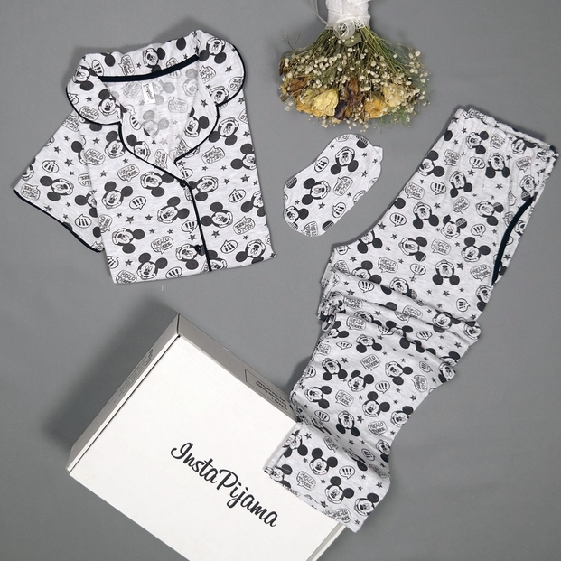 Mickey Mouse Desenli Önden Düğmeli Kısa Kollu Pijama Takımı - 2