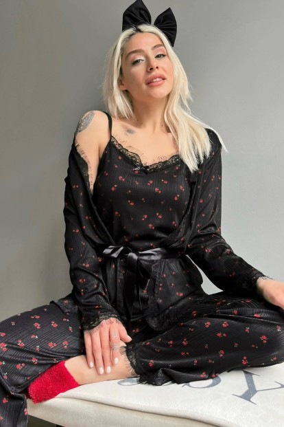 Minimal Çiçek Desenli Sabahlıklı Pegasus Pijama Takımı - Pijamaevi