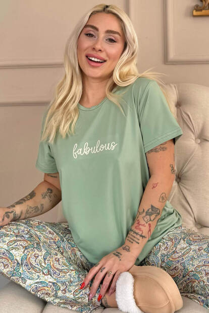 Mint Fabulous Desenli Kısa Kollu Örme Kadın Pijama Takımı - 1