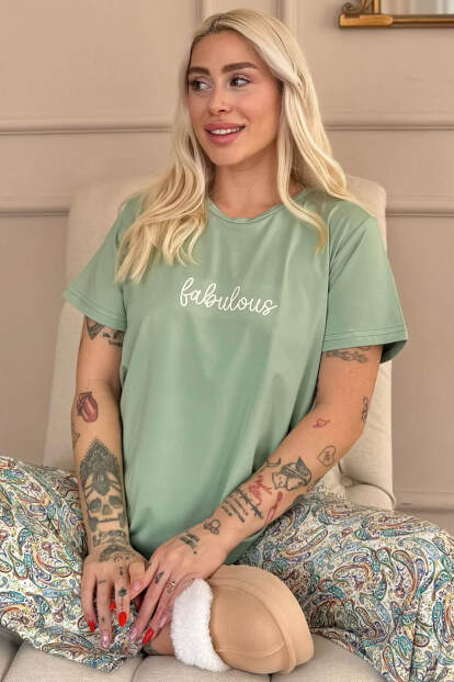 Mint Fabulous Desenli Kısa Kollu Örme Kadın Pijama Takımı - 2