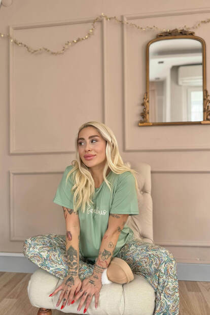 Mint Fabulous Desenli Kısa Kollu Örme Kadın Pijama Takımı - 3