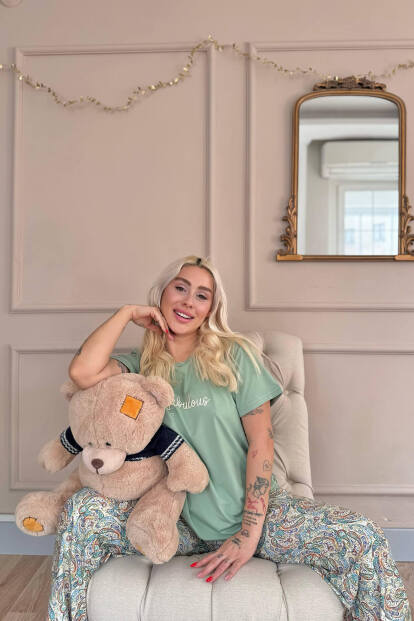 Mint Fabulous Desenli Kısa Kollu Örme Kadın Pijama Takımı - 4