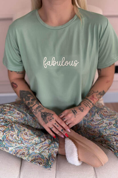 Mint Fabulous Desenli Kısa Kollu Örme Kadın Pijama Takımı - 5
