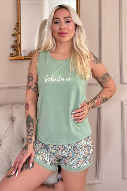 Mint Fabulous Desenli Sıfır Kol Şortlu Örme Kadın Pijama Takımı 