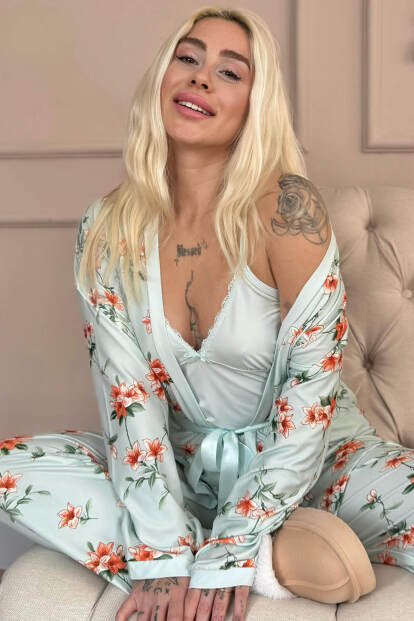 Mint Floral Breeze Exclusive Örme Sabahlıklı Kadın Pijama Takım 