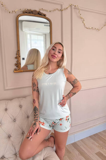Mint Spring is My Life Desenli Sıfır Kol Şortlu Örme Kadın Pijama Takımı - 2