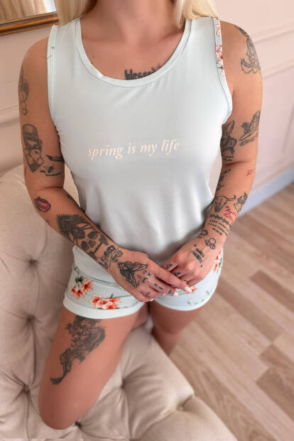 Mint Spring is My Life Desenli Sıfır Kol Şortlu Örme Kadın Pijama Takımı - 5