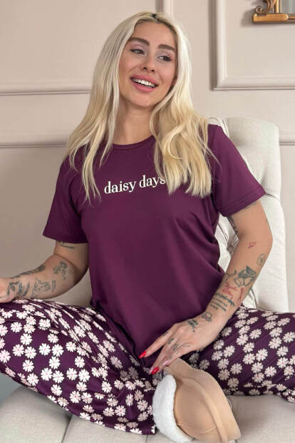 Mor Daisy Days Desenli Kısa Kollu Kadın Pijama Takımı - 1
