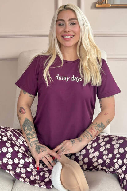 Mor Daisy Days Desenli Kısa Kollu Kadın Pijama Takımı - 2