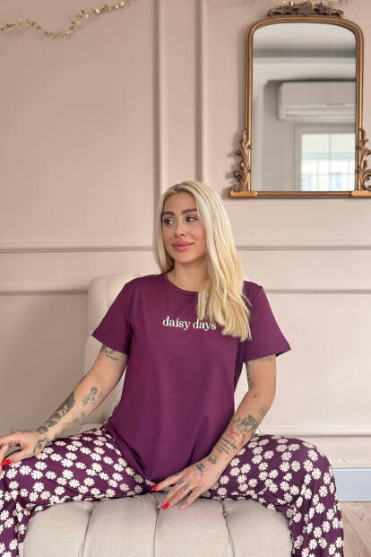 Mor Daisy Days Desenli Kısa Kollu Kadın Pijama Takımı - 3