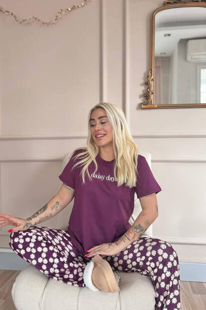 Mor Daisy Days Desenli Kısa Kollu Kadın Pijama Takımı - 4