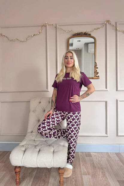 Mor Daisy Days Desenli Kısa Kollu Kadın Pijama Takımı - 6
