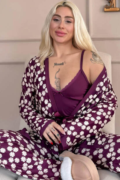 Mor Daisy Exclusive Örme Sabahlıklı Kadın Pijama Takım 