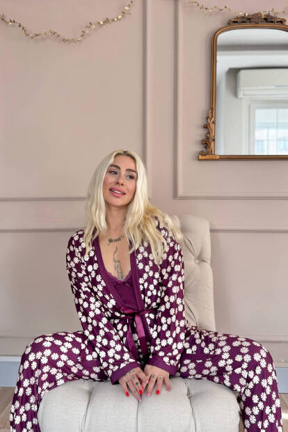 Mor Daisy Exclusive Örme Sabahlıklı Kadın Pijama Takım - 2