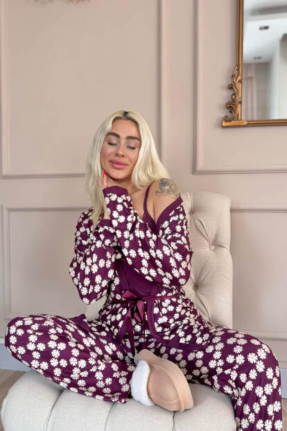 Mor Daisy Exclusive Örme Sabahlıklı Kadın Pijama Takım - 3