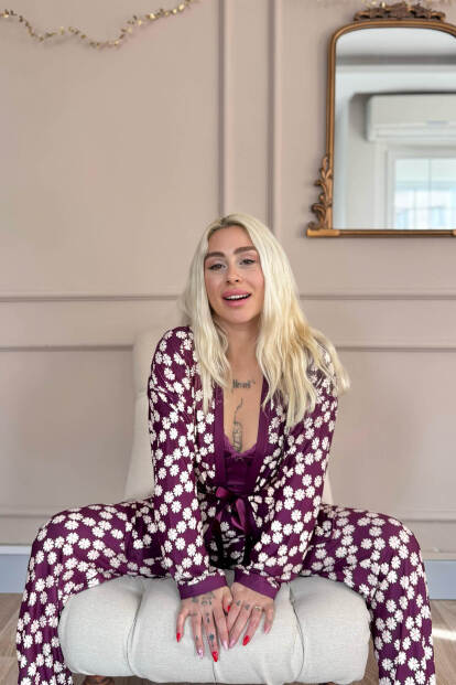 Mor Daisy Exclusive Örme Sabahlıklı Kadın Pijama Takım - 4