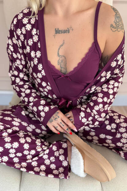 Mor Daisy Exclusive Örme Sabahlıklı Kadın Pijama Takım - 5