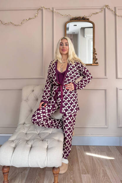 Mor Daisy Exclusive Örme Sabahlıklı Kadın Pijama Takım - 6