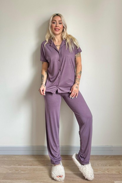 Mor Önden Düğmeli Kısa Kol Örme Kadın Pijama - 6