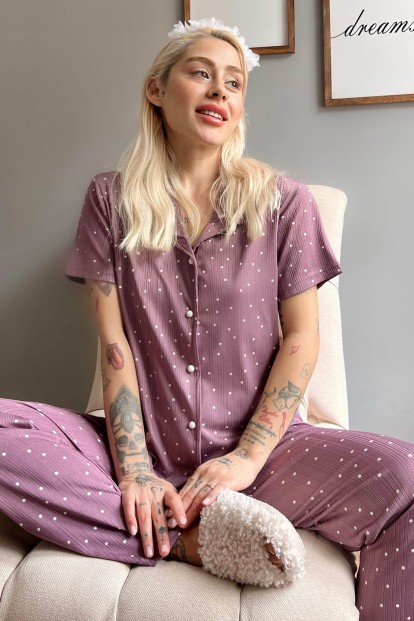 Mor Puan Desenli Örme Önden Düğmeli Kısa Kol Kadın Pijama - Pijamaevi