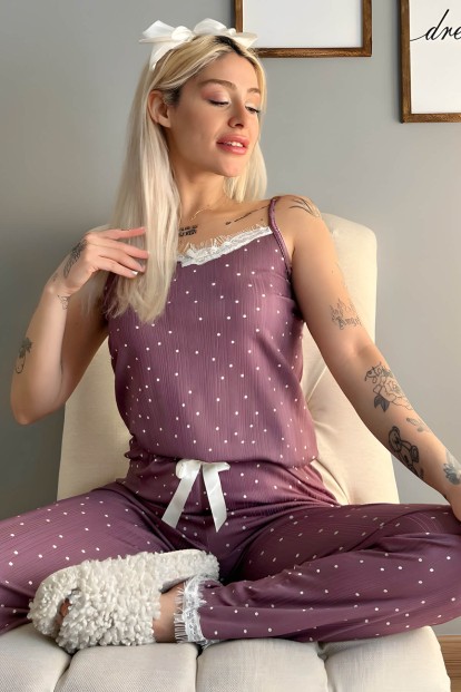 Mor Puan Papatya Dantelli İp Askılı Örme Kadın Pijama Takımı - Pijamaevi