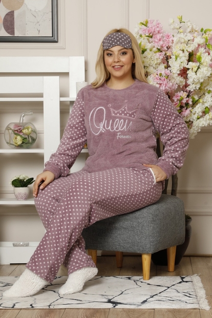 Mor Queen Desenli Büyük Beden Battal Kadın Peluş Pijama Takımı - 1