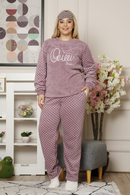 Mor Queen Desenli Büyük Beden Battal Kadın Peluş Pijama Takımı - 2