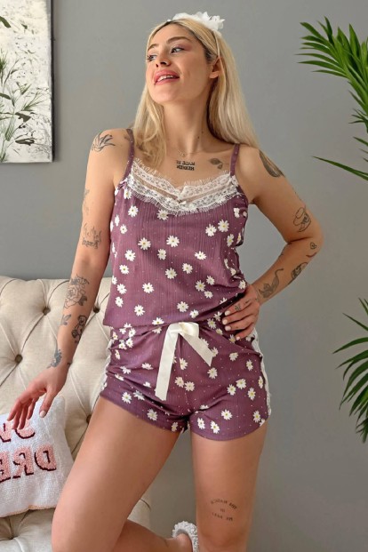 Mor Sarı Papatya Dantel Detaylı İp Askı Şortlu Örme Pijama Takımı 