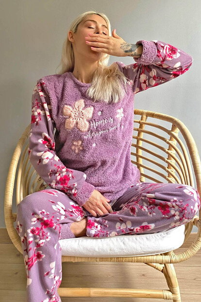 Mor Yaprak Desenli Kadın Peluş Pijama Takımı - 2