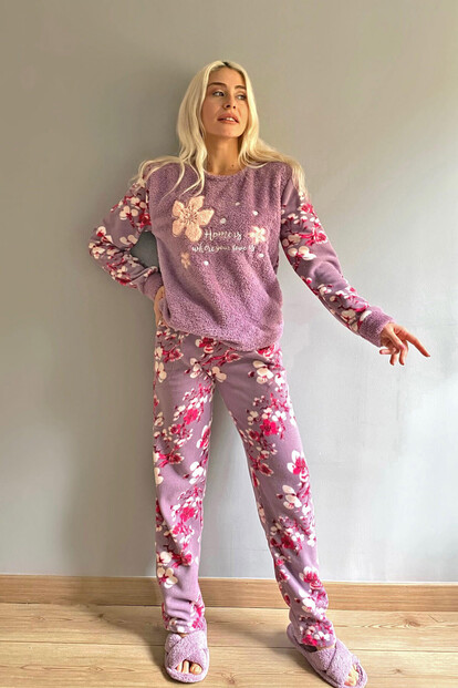 Mor Yaprak Desenli Kadın Peluş Pijama Takımı - 4