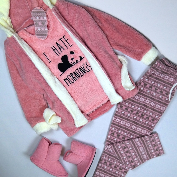 Morning Desenli Sabahlıklı Peluş Pijama Takımı - 1