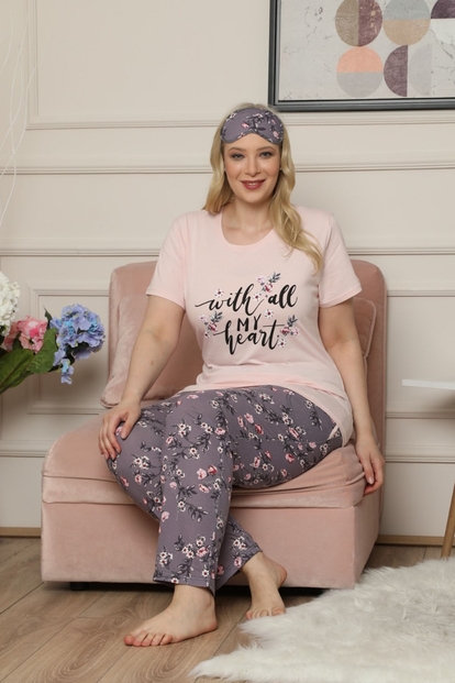 My Heart Desenli Kısa Kollu Büyük Beden Battal Pijama Takımı - 1