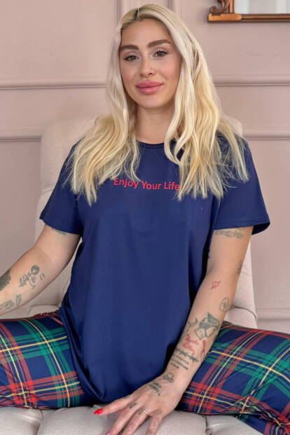 Navy Enjoy Desenli Kısa Kollu Kadın Pijama Takımı 