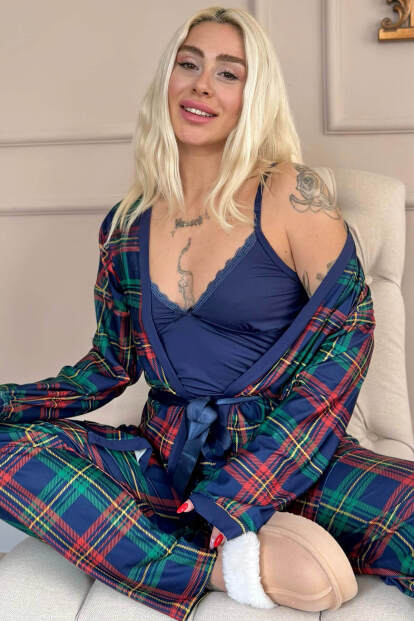 Navy Tartan Exclusive Örme Sabahlıklı Kadın Pijama Takım 